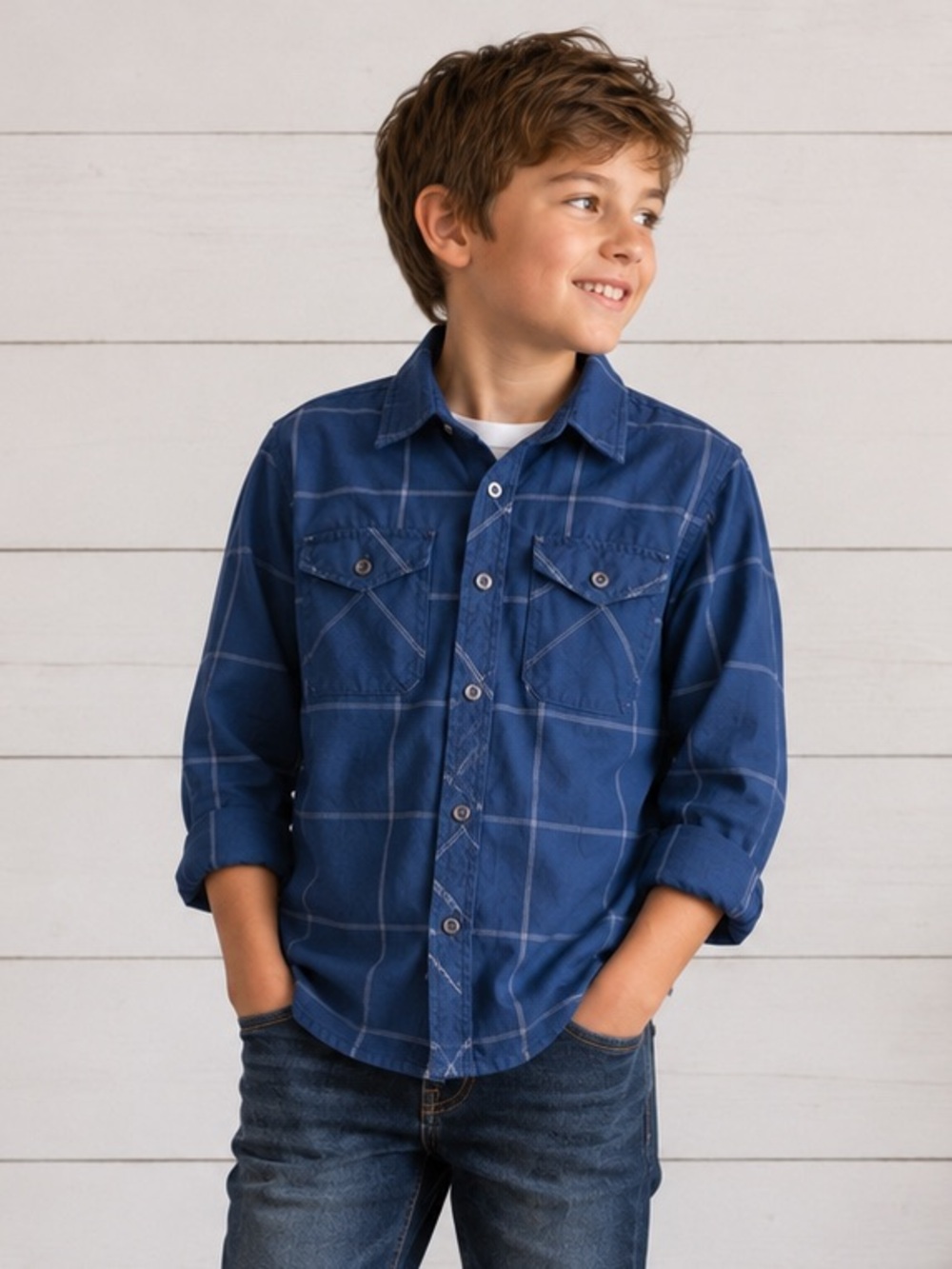 3/$25 Silver Jeans Co Boys Blue Windowpane Button-Up Shirt Size 6 Cotton